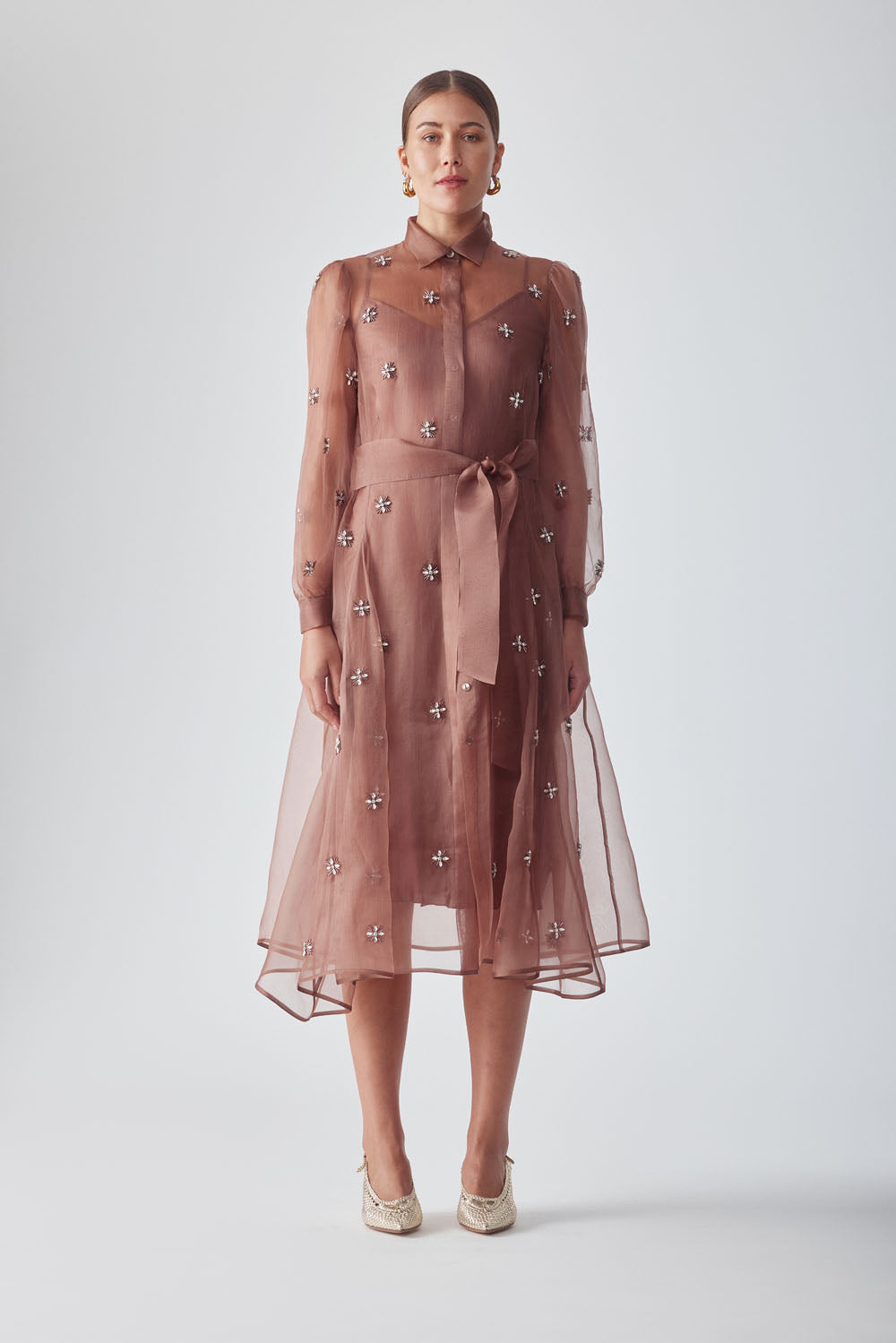 HIBA EMBELLISHED SHIRT DRESS - MOCHA