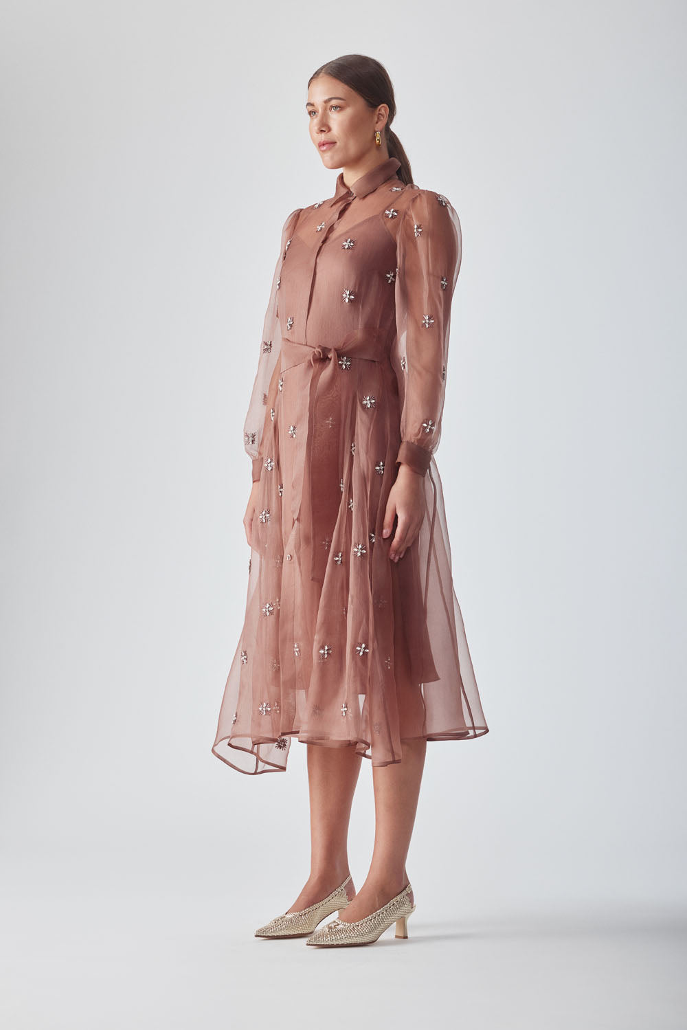 HIBA EMBELLISHED SHIRT DRESS - MOCHA