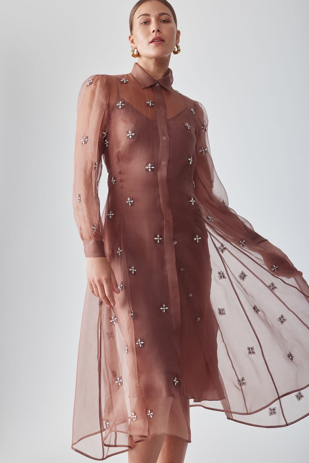 HIBA EMBELLISHED SHIRT DRESS - MOCHA