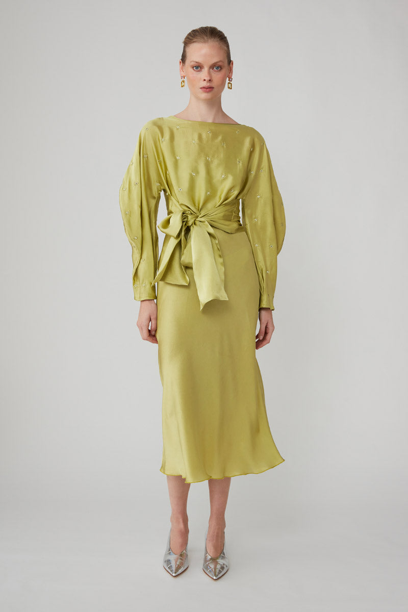 ROOHI EMBELLISHED WRAP TOP - CHARTREUSE