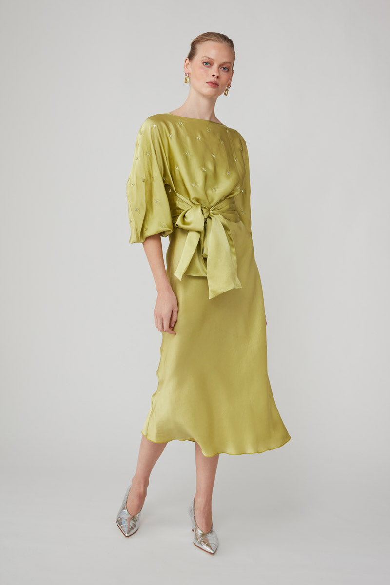 ROOHI EMBELLISHED WRAP TOP - CHARTREUSE