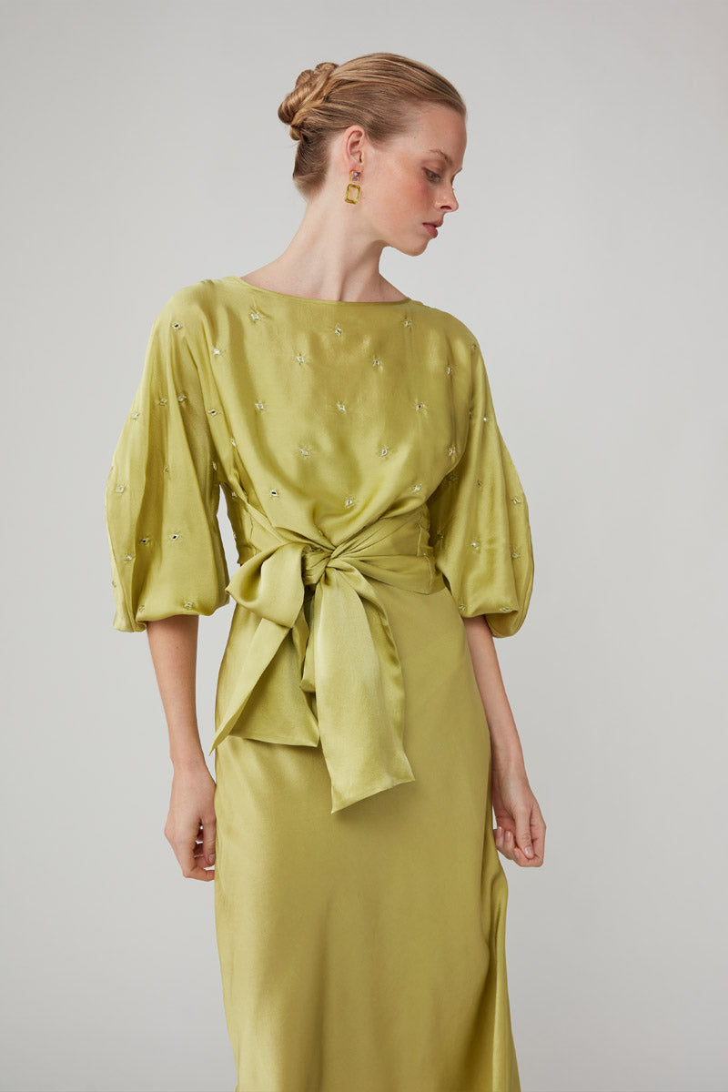 ROOHI EMBELLISHED WRAP TOP - CHARTREUSE
