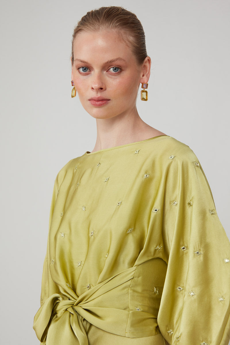 ROOHI EMBELLISHED WRAP TOP - CHARTREUSE