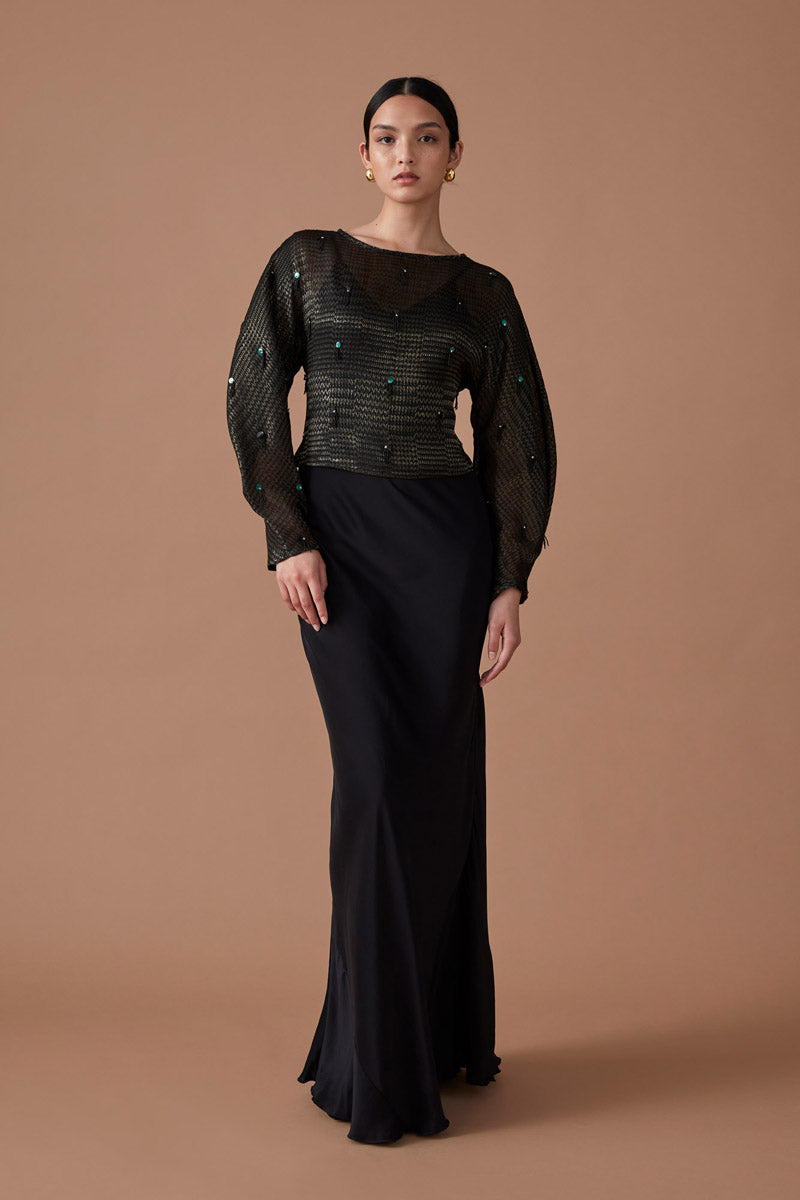 ROOHI SEQUIN WRAP TOP - NOIR/GOLD