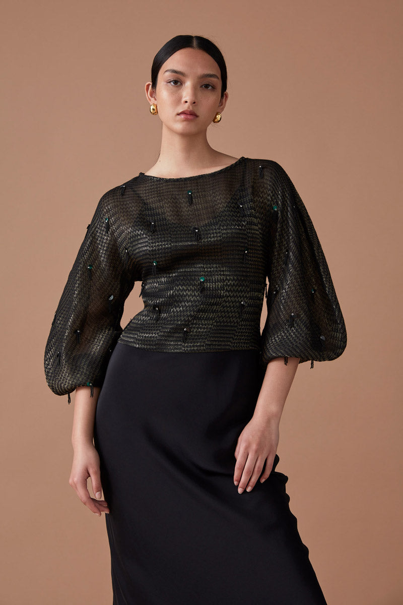 ROOHI SEQUIN WRAP TOP - NOIR/GOLD