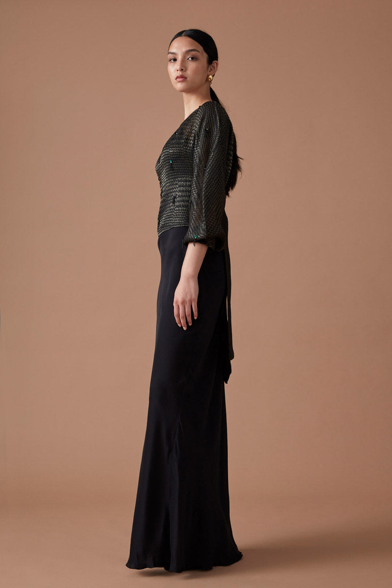 ROOHI SEQUIN WRAP TOP - NOIR/GOLD