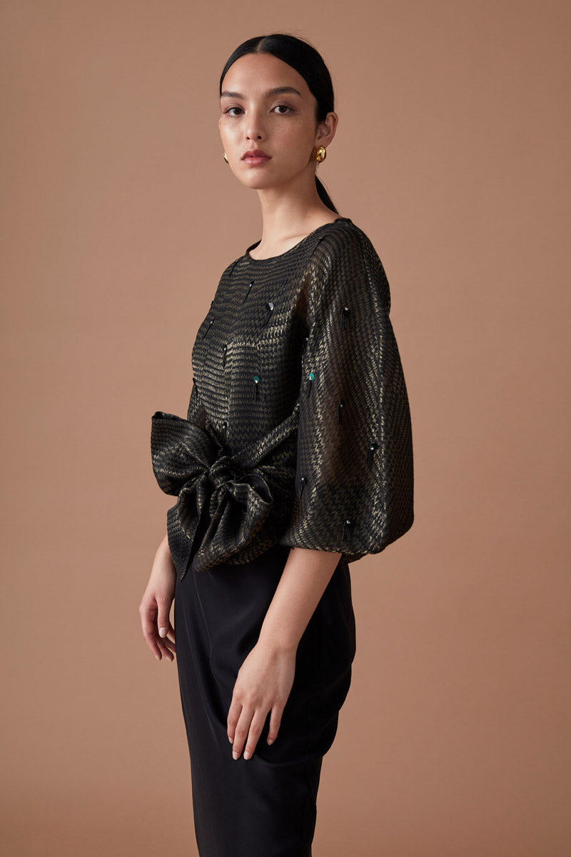 ROOHI SEQUIN WRAP TOP - NOIR/GOLD