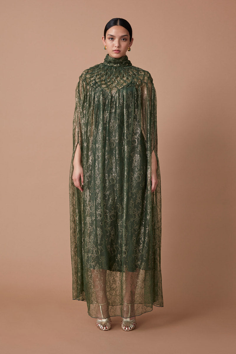 AFSA LACE MAXI CAPE - METALLIC EMERALD