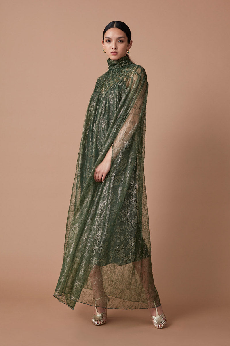 AFSA LACE MAXI CAPE - METALLIC EMERALD