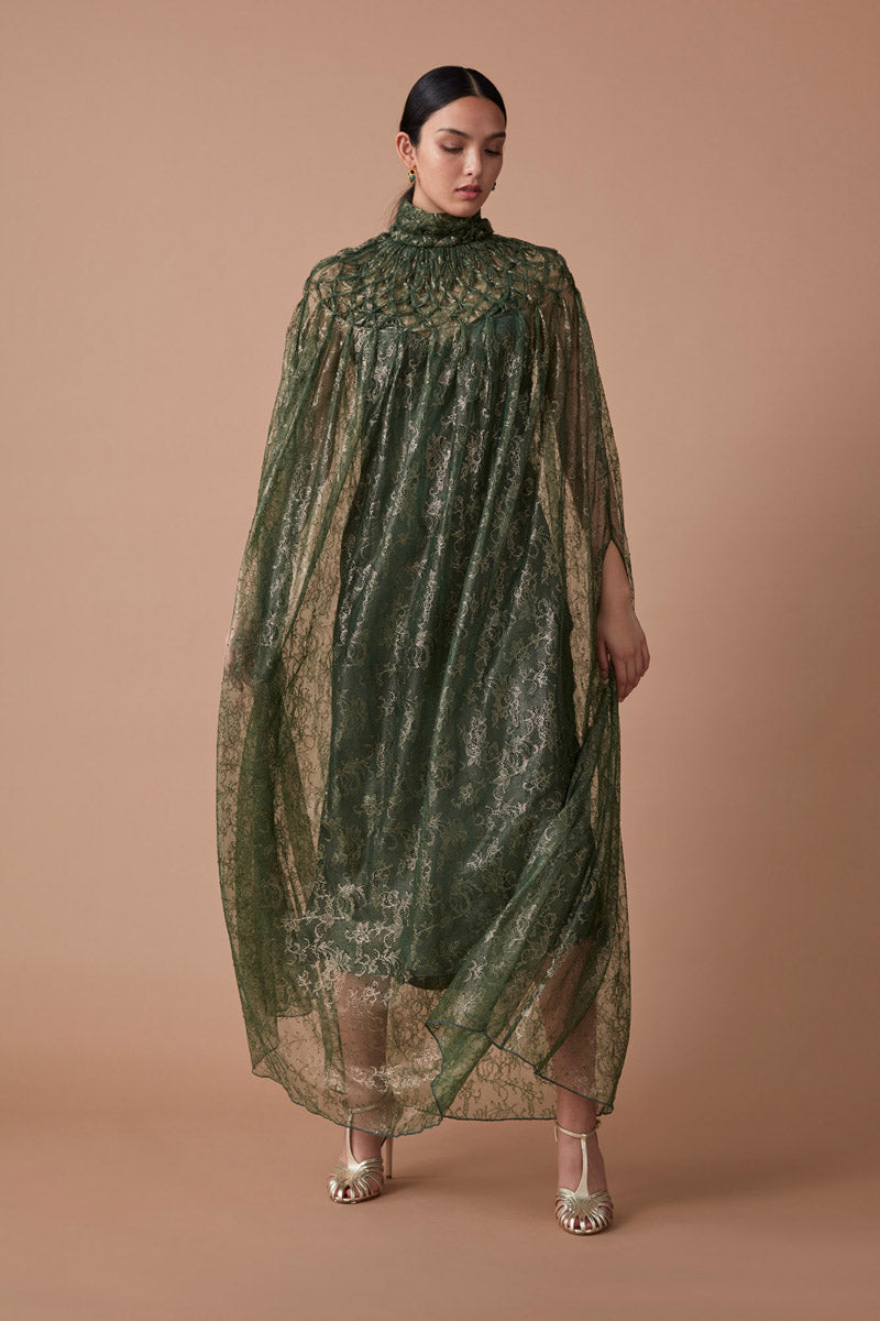 AFSA LACE MAXI CAPE - METALLIC EMERALD