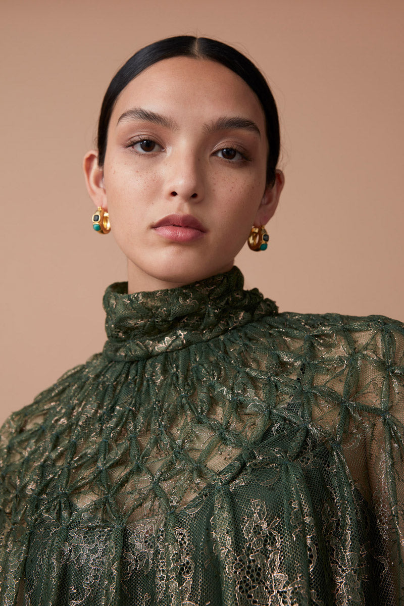 AFSA LACE MAXI CAPE - METALLIC EMERALD