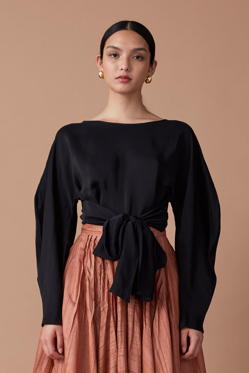 ROOHI SILK WRAP TOP - NOIR