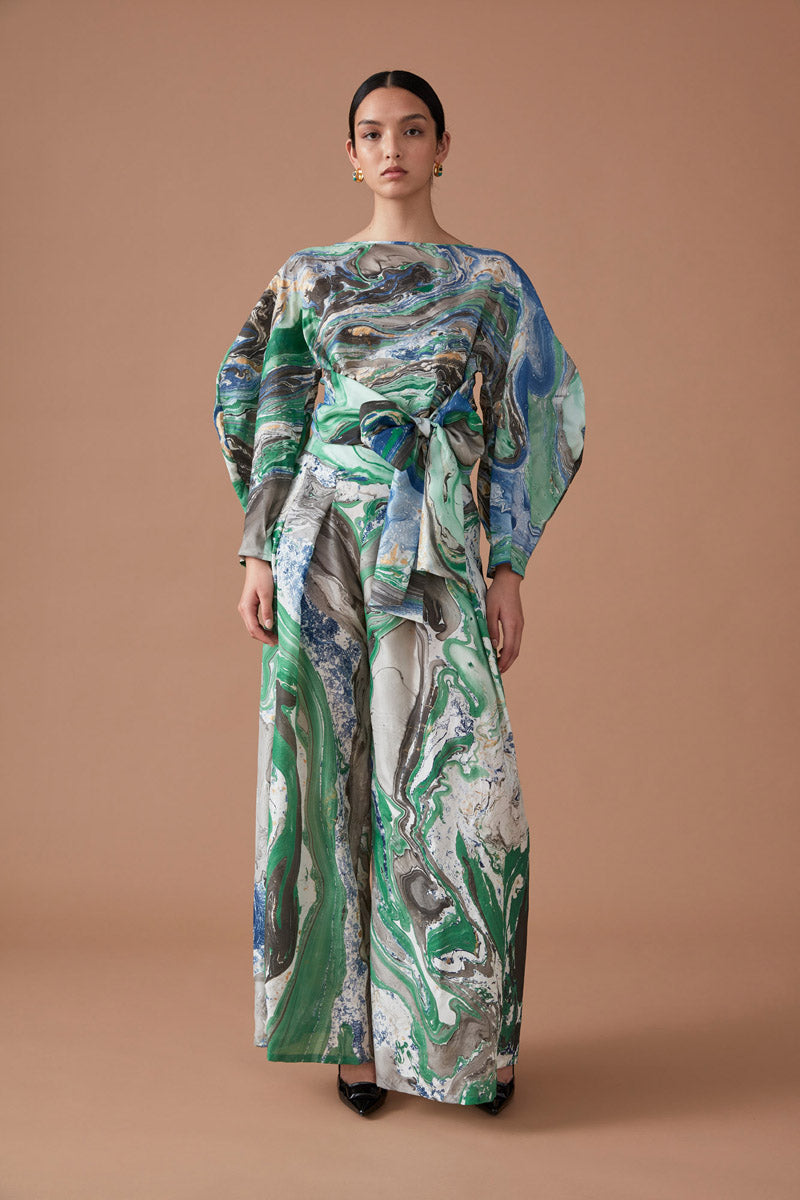ROOHI SILK WRAP TOP - EMERALD MULTI