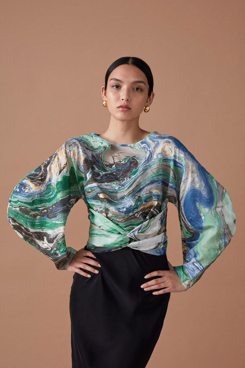 ROOHI SILK WRAP TOP - EMERALD MULTI