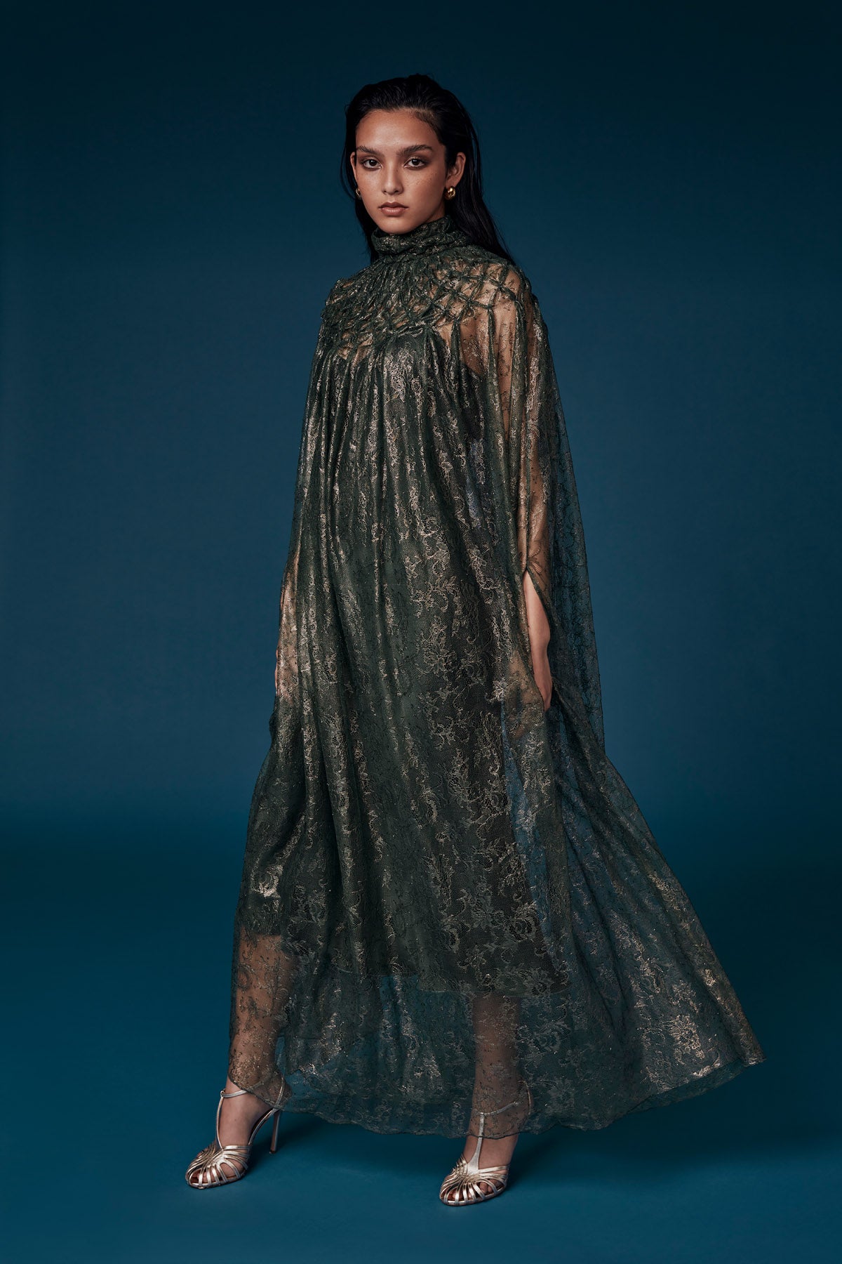 AFSA LACE MAXI CAPE - METALLIC EMERALD
