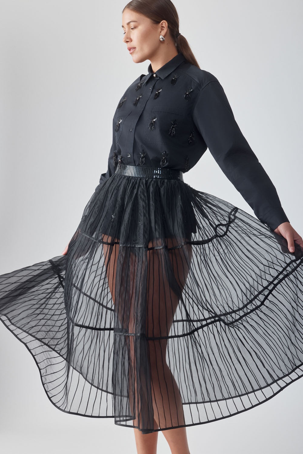 AFAF HAND-PIPED SKIRT - NOIR