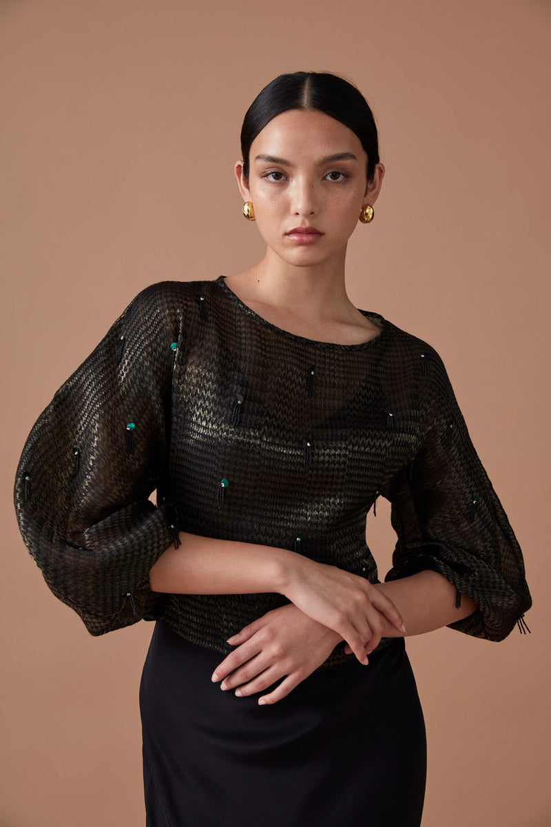 ROOHI SEQUIN WRAP TOP - NOIR/GOLD