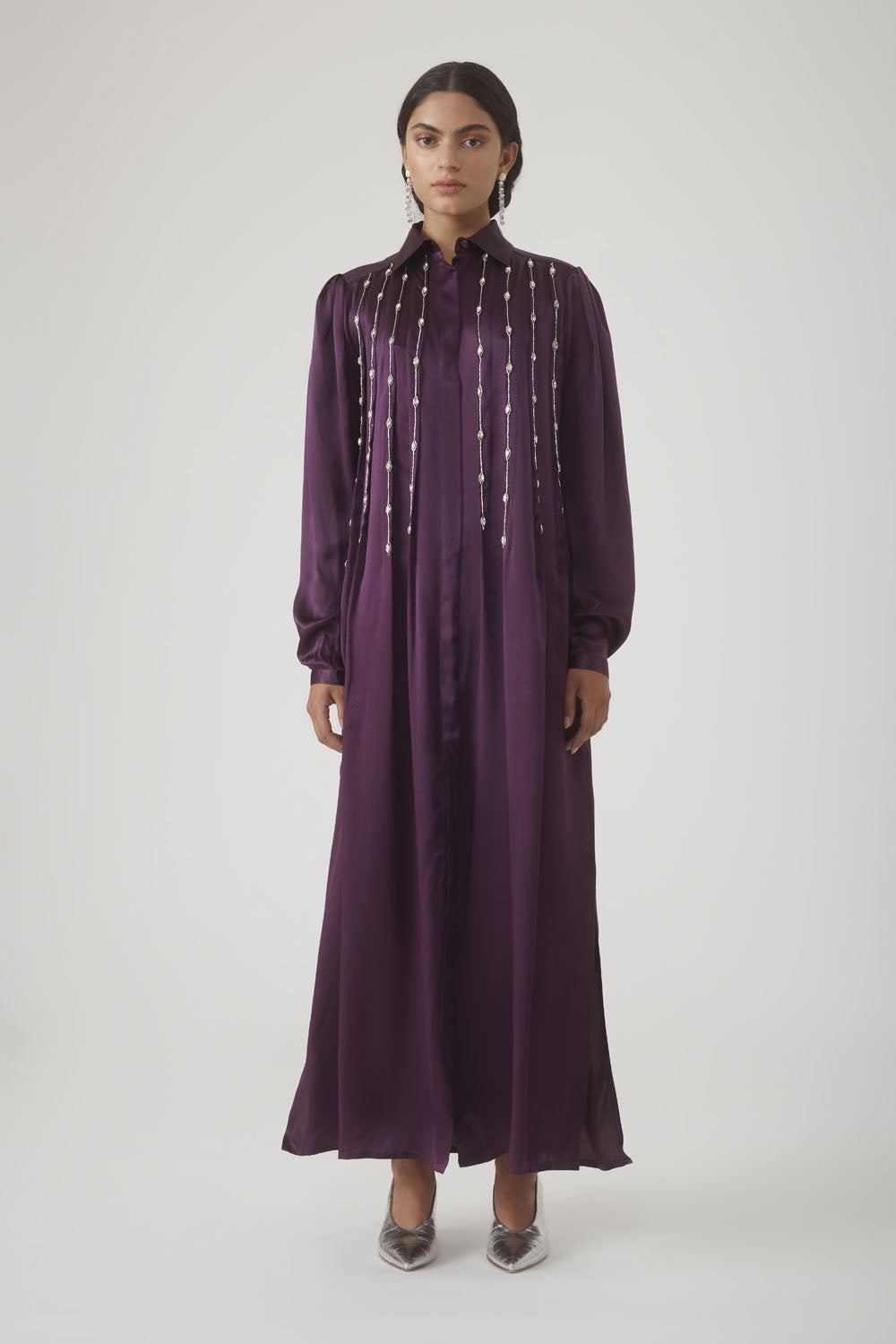 INDIRA EMBELLISHED SHIRT DRESS - AUBERGINE