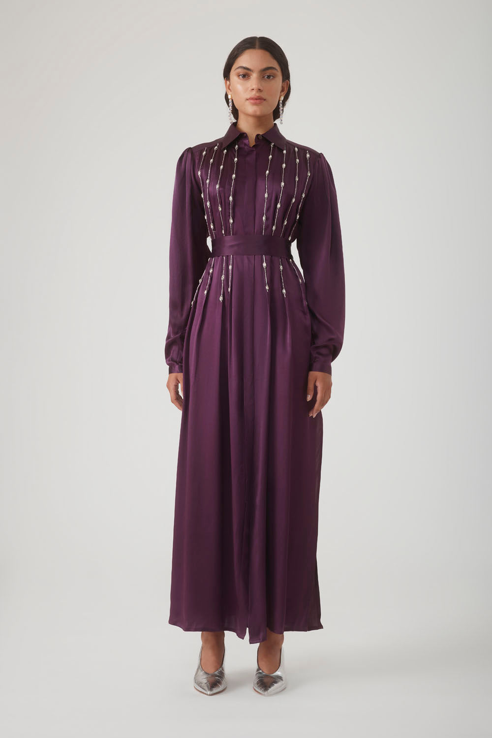 INDIRA EMBELLISHED SHIRT DRESS - AUBERGINE