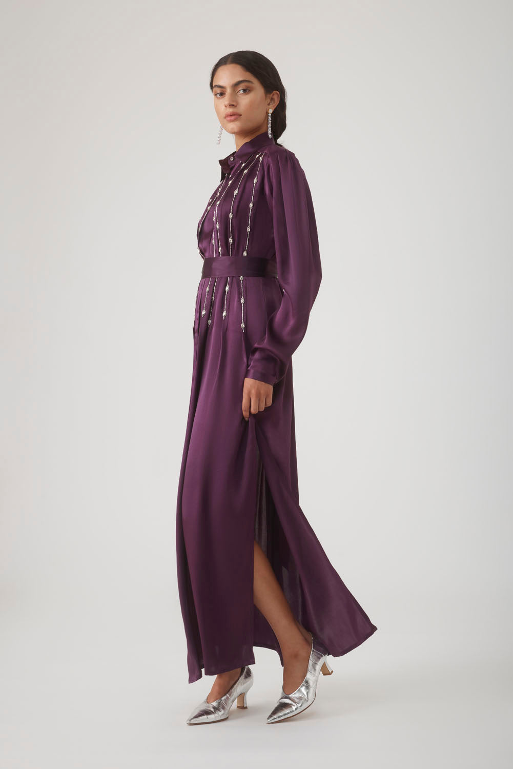 INDIRA EMBELLISHED SHIRT DRESS - AUBERGINE