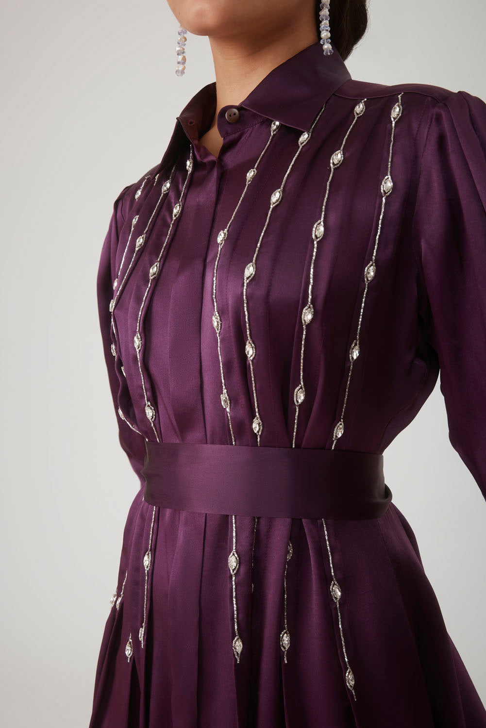 INDIRA EMBELLISHED SHIRT DRESS - AUBERGINE