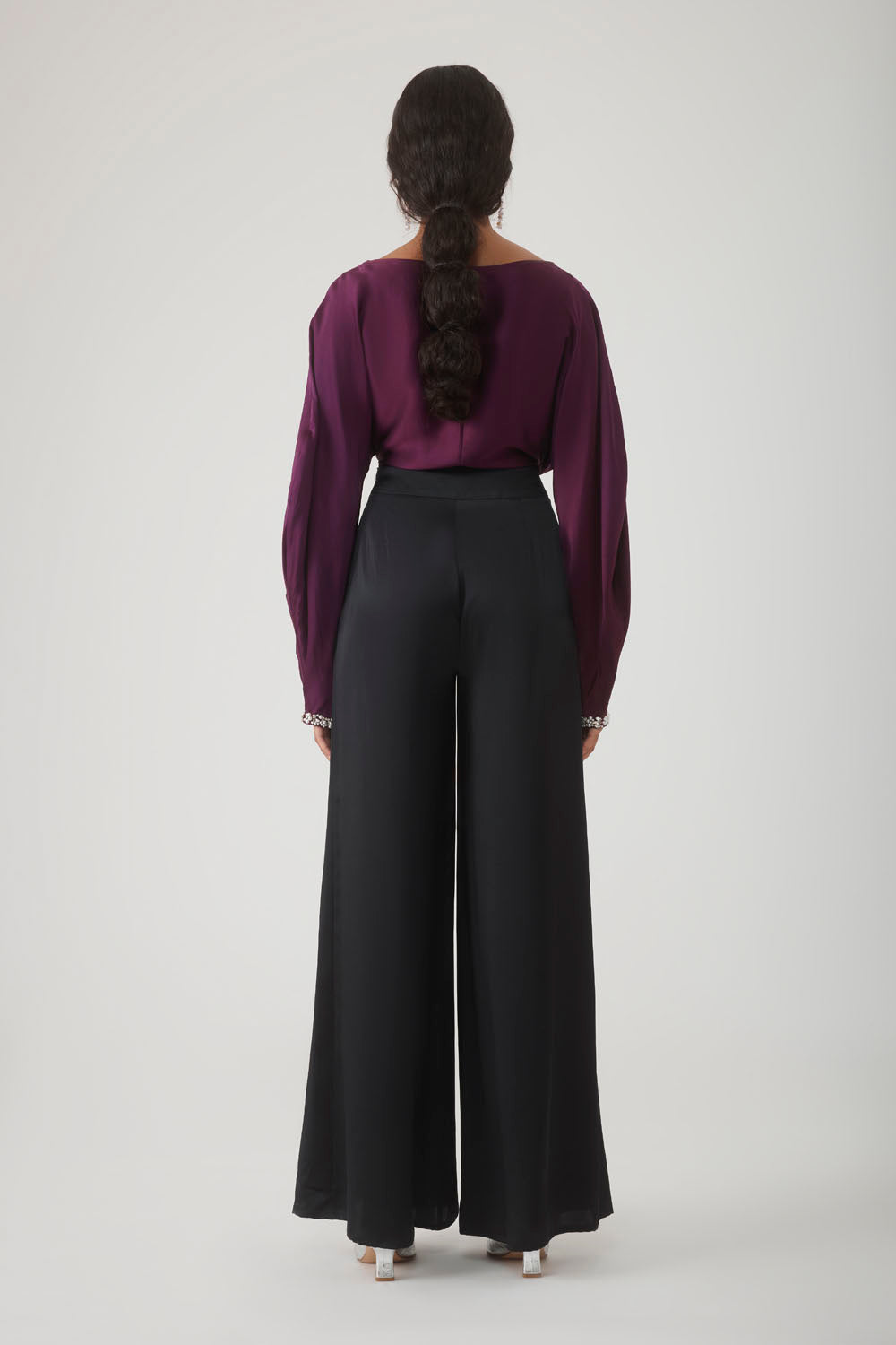 ROOHI BEADED CUFF TOP - AUBERGINE